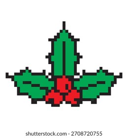 Pixel Christmas holly icon vector illustration