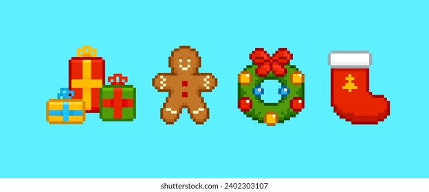 Pixel Christmas items icons. Christmas wreath decoration, gingerbread man, gift boxes, Santa's red sock. Cartoon New Year and Christmas vector decor