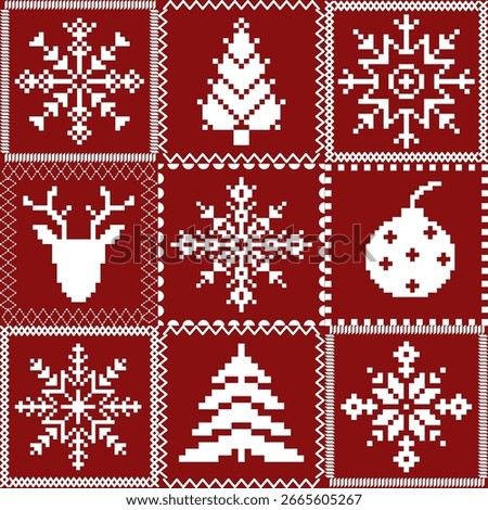 Pixel Christmas Knitting Pattern with Nordic Snowflakes, Trees, and Reindeer