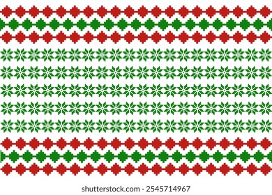 Pixel Christmas Pattern with Green Snowflake Icons on White Background,Nordic and Scandinavian Style,Ideal for Gift Wrapping,Sweaters,Fabric,Border,Banner and Digital Art Projects During the Holiday