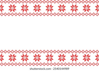 Pixel Christmas Pattern with Red Snowflake Icons on White Background,Nordic and Scandinavian Style,Ideal for Gift Wrapping,Sweaters,Fabric,Border,Banner and Digital Art Projects During the Holiday