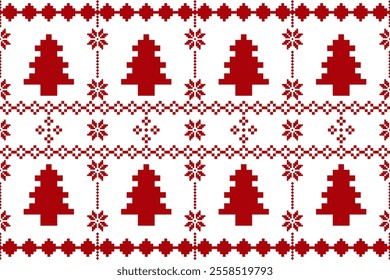 Pixel Christmas Pattern with Red Snowflake  Icons on White Background,Nordic and Scandinavian Style,Ideal for Gift Wrapping,Sweaters,Fabric,Border,Banner and Digital Art Projects During the Holiday