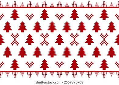 Pixel Christmas Pattern with Red Snowflake  Icons on White Background,Nordic and Scandinavian Style,Ideal for Gift Wrapping,Sweaters,Fabric,Border,Banner and Digital Art Projects During the Holiday