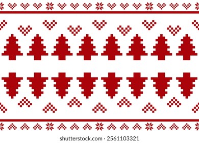 Pixel Christmas Pattern with Red Snowflake Icons on White Background,Nordic and Scandinavian Style,Ideal for Gift Wrapping,Sweaters,Fabric,Border,Banner and Digital Art Projects During the Holiday