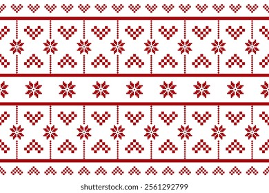 Pixel Christmas Pattern with Red Snowflakes and Hearts  on White Background,Nordic and Scandinavian Style,Ideal for Gift Wrapping,Sweaters,Fabric,Border,Banner and Digital Art Projects 