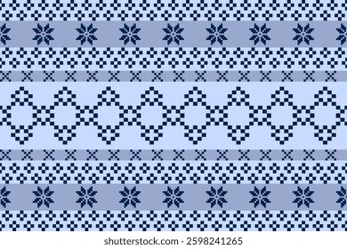 Pixel Christmas Pattern with  Snowflake Icons on blue Background,Nordic and Scandinavian Style,Ideal for Gift Wrapping,Sweaters,Fabric,Border,Banner and Digital Art Projects During the Holiday
