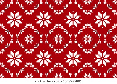 Pixel Christmas Pattern with White Snowflake Icons on Red Background,Nordic and Scandinavian Style,Ideal for Gift Wrapping,Sweaters,Fabric,Border,Banner and Digital Art Projects During the Holiday