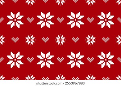 Pixel Christmas Pattern with White Snowflake Icons on Red Background,Nordic and Scandinavian Style,Ideal for Gift Wrapping,Sweaters,Fabric,Border,Banner and Digital Art Projects During the Holiday