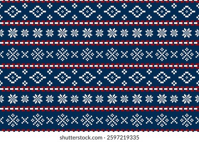 Pixel Christmas Pattern with White Snowflake Icons on Blue Background,Nordic and Scandinavian Style,Ideal for Gift Wrapping,Sweaters,Fabric,Border,Banner and Digital Art Projects During the Holiday