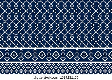 Pixel Christmas Pattern with White Snowflake Icons on Blue Background,Nordic and Scandinavian Style,Ideal for Gift Wrapping,Sweaters,Fabric,Border,Banner and Digital Art Projects During the Holiday