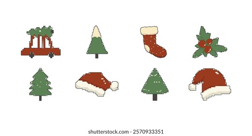 Pixel Christmas set of Santa Claus hat, fir tree, car,berries.Design elements isolated on white background.Game development,mobile app.8-bit sprite.Happy New Year collection in retro video game style.