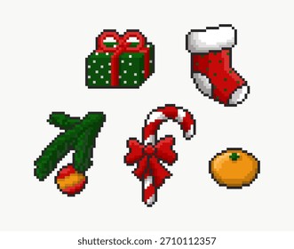 Pixel Christmas stickers set. 8-bit holiday icons: Gift, stocking, candy cane, spruce branch, tangerine on a white background