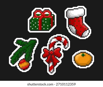 Pixel Christmas stickers set. 8-bit holiday icons: Gift, stocking, candy cane, spruce branch, tangerine on a black background