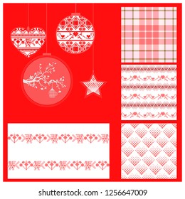 Pixel Christmas toys and four seamless backgrounds, winter pixel motives, plaid, red colors. Ideal for Valentines Days and Winter holidays greeting card
