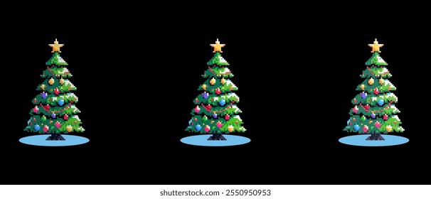 Pixel Christmas tree decorated with Christmas tree decorations and topped with a shining star.