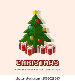 Pixel Christmas tree and gift box  creative design icon vector illustration for video game asset, motion graphic and others