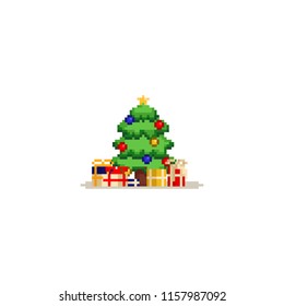 Pixel christmas tree with gift boxes.8bit.