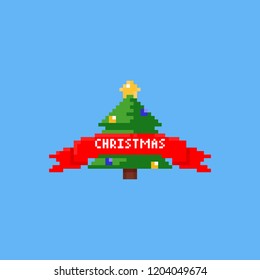 Pixel christmas tree with red ribbon.8bit.