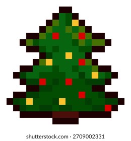 Árvore de Natal Pixel em estilo retro 8 bits com luzes vermelhas e douradas. Festivo inverno evergreen ícone para jogos, adesivos, cartões de felicitações, impressões de ano novo e projetos de férias acolhedores.
