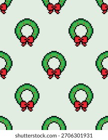 pixel Christmas wreath Padrão sem emenda vetor fundo pixel art para jogo de 8 bits	
