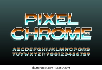 Tipo de letra del alfabeto cromado de píxeles. letras de píxeles 3d, números y símbolos. Escritura de videojuegos en cascada de los años 80.