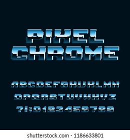 Pixel chrome alphabet font. Digital letters and numbers. 80s arcade video game typeface.