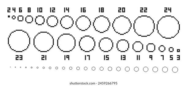 Pixel circles. Pixel art base circle shapes in various radius, diameter size from 2 to 24 pixels. Round elements isolated vector set. Small, big, medium size of geometric flat objects