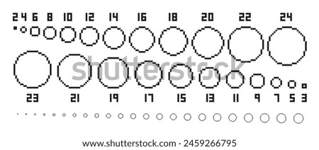 Pixel circles. Pixel art base circle shapes in various radius, diameter size from 2 to 24 pixels. Round elements isolated vector set. Small, big, medium size of geometric flat objects