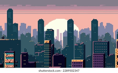 Pixel city background,Retro style, pixel art background, 2d vector illustration, EPS 10.