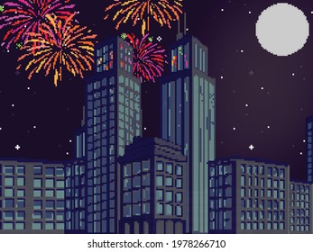 Pixel city with fireworks. Retro pixel background. Pixel art 8 bit game