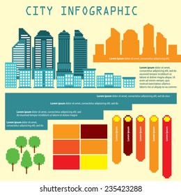 Pixel city info graphic set. Old school computer graphic style.