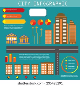 Pixel city info graphic set. Old school computer graphic style.