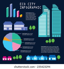 Pixel city info graphic set. Old school computer graphic style.