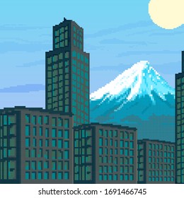 Ciudad Pixel con montaña y puesta de sol. Pixel art 8 bit para el juego