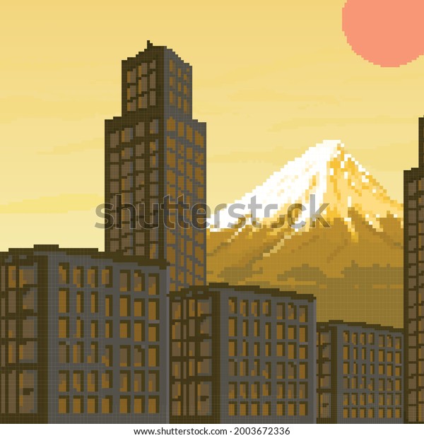 Pixel city with mountain and sunset. Pixel art 8 bit\
for game