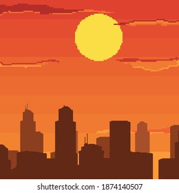 Pixel city vector illustration. Pixel art background. 8bit Pixel art