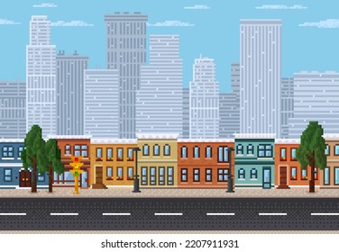 Pixel cityscape, 8 bit pixel art game level landscape. Vector downtown landscape with road, trees, street lamps, traffic lights and skyscraper silhouettes. Background of retro mobile or computer game