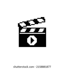 Pixel Clapper Icon.  Vector Pixel Art Movie Video 8 Bit Logo For Game
