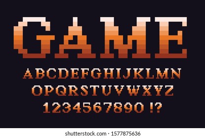 Pixel classic serif font with gradient Video computer game design 8 bit retro letters and numbers Vector alphabet