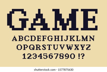 Pixel classic serif font Video computer game design 8 bit retro letters and numbers Vector alphabet