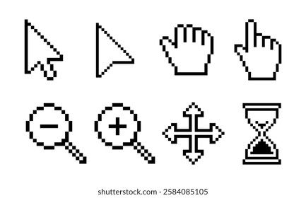 Pixel click cursor icon set, different computer cursors, hand click, hourglass, magnifier, zoom in and out, moving, waiting, working, press vector symbol, pixelated technology concept, Transparent PNG