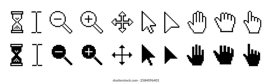 Pixel click cursor icon set, collection of different computer cursor black icons, hand click, hourglass, magnifier, zoom in and out vector icon, pixelated technology silhouette, Transparent PNG