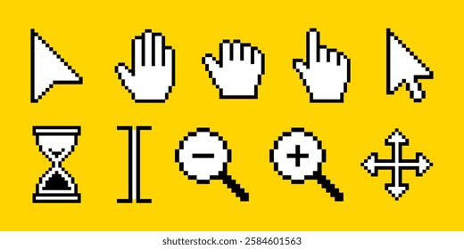 Pixel click cursor icon set, click pointer arrow, computer mouse cursor collection,  pixel art cursor, hand, magnifier, hourglass, text, push. Pixelated click icon in 8-bit style, vector illustration.