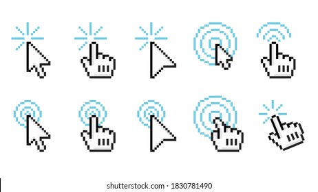 Pixel click icons. Arrow cursor, pointing finger and computer mouse pointer retro vector symbols set