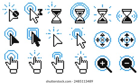 Pixel click icons. Vector arrow clicks icon mouse pointer hand touch finger tap target cursor flat style, web computer mouse cursor click buttons. Vector pixel click icons isolated set.