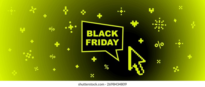 Pixel clicking cursor on speech bubble with Black Friday text and simple pattern of spark, stars and hearts. Y2k promotion sale vector illustration for banner, cover design with nostalgic digital vibe