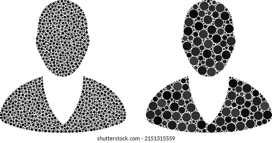 Pixel client profile icon. Mosaic client profile icon united from spheric parts in random sizes and color tints. Vector spheric elements are organized into mosaic client profile icon.