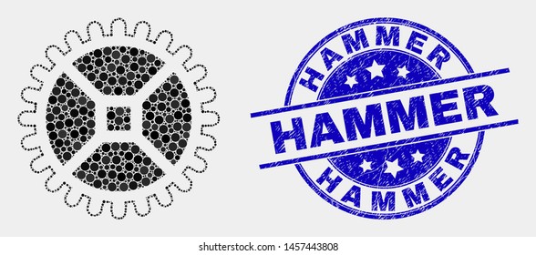 Pixel clock gear mosaic icon and Hammer seal stamp. Blue vector round distress seal with Hammer text. Vector combination in flat style. Black isolated clock gear mosaic of scattered circles,