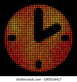 Pixel clock icon. Bright pictogram in orange color hues on a black background. Vector halftone mosaic of clock pictogram composed with round points.