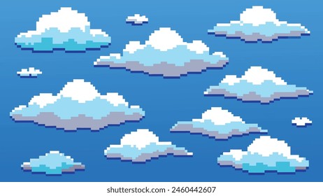 Pixel-Wolke. Spielanimation 8bit sky, digitale wolkige Retro-Szene, fliegende weiße Computerwolken am blauen Himmel, 16-bit-Gamification-Konzept, Pixel-Elemente. Vektorgrafik